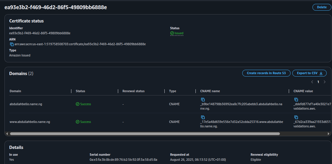 Screenshot idea: ACM certificate showing “Issued” status